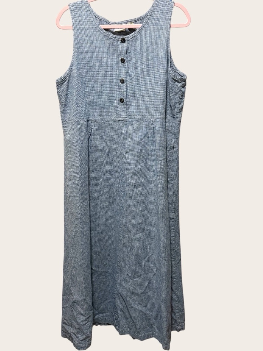 L.L.Bean Linen Cotton Dress Women’s 14 Blue Check Sleeveless Button Front Midi